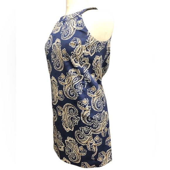 Ann Taylor Loft High Halter Neck Navy Blue with White & Tan Paisley Print Dress - Picture 4 of 7